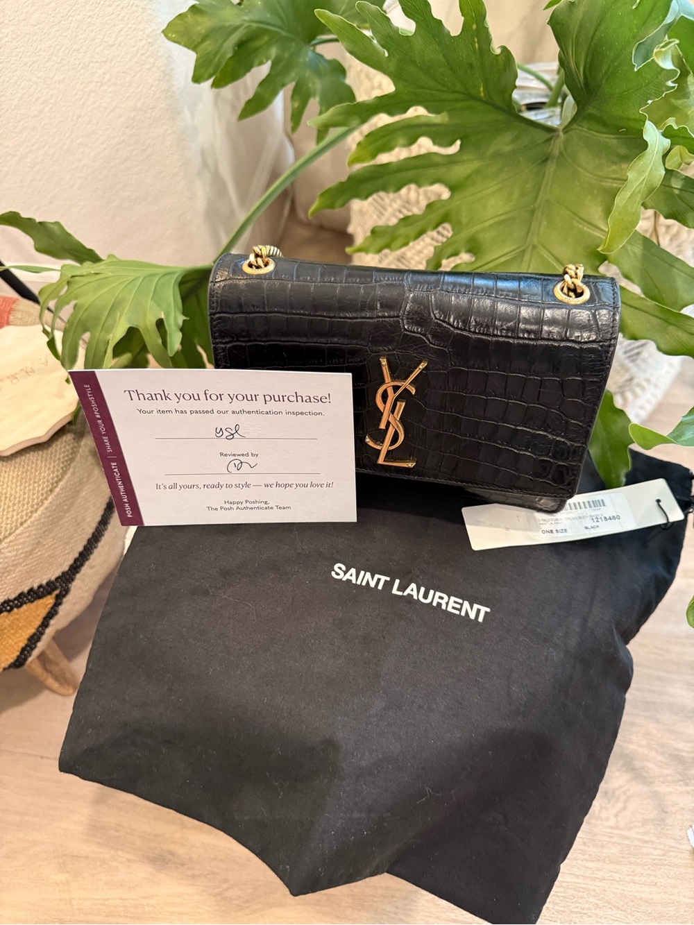 Saint Laurent Black Croc Embossed Calfskin Small Sunset Bag Gold Hardware